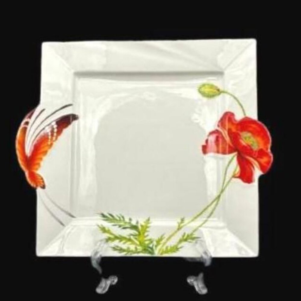 RARE Vintage Bombay Company Square Raised Embossed Red Poppy & Butterfly Square
